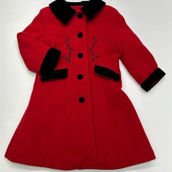 London Fog Red Wool Blend Coat with Black Velvet Trim Embroidered Details 3T - Picture 15 of 16